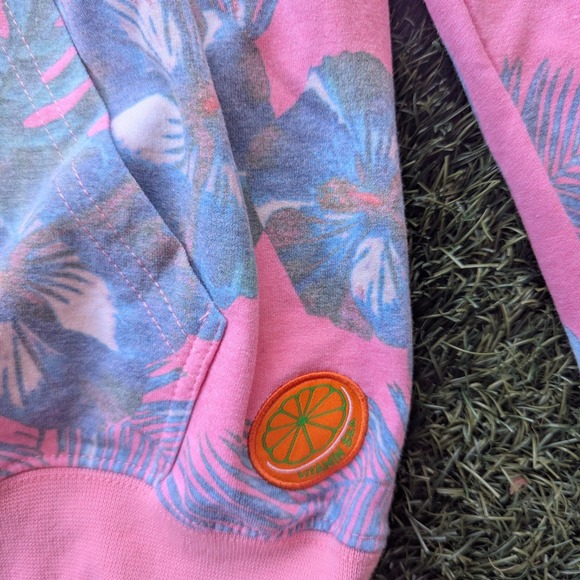 Pink Floral Tropical Print Hoodie Palm Beach Sweatshirt Womens M Coastal NWOT - Picture 4 of 7